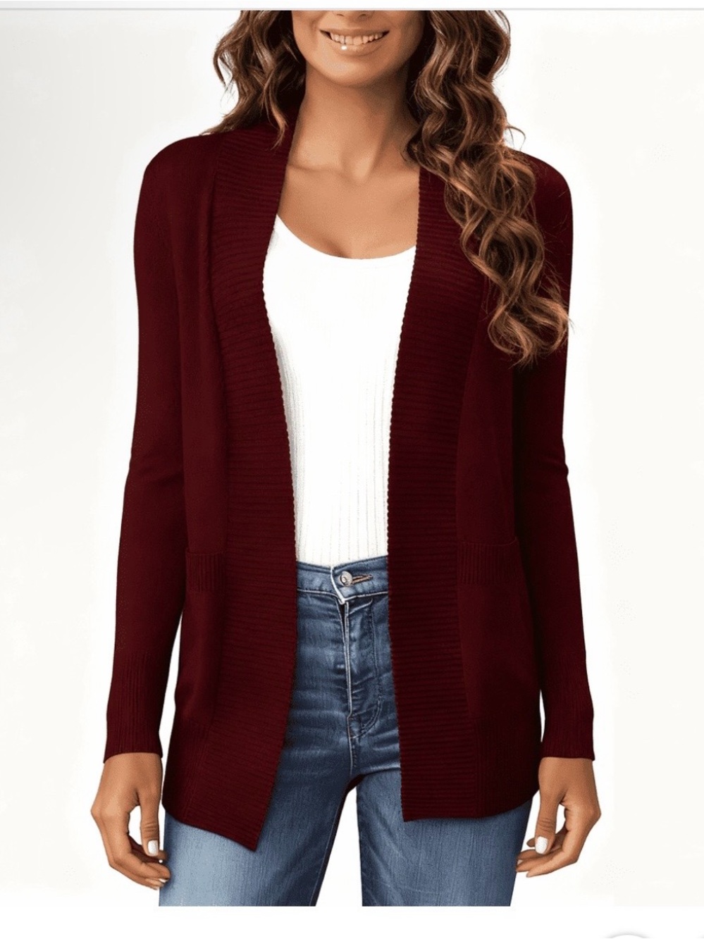 Women's Open-Front Maroon Cardigan Sweater - Picture 2 of 6